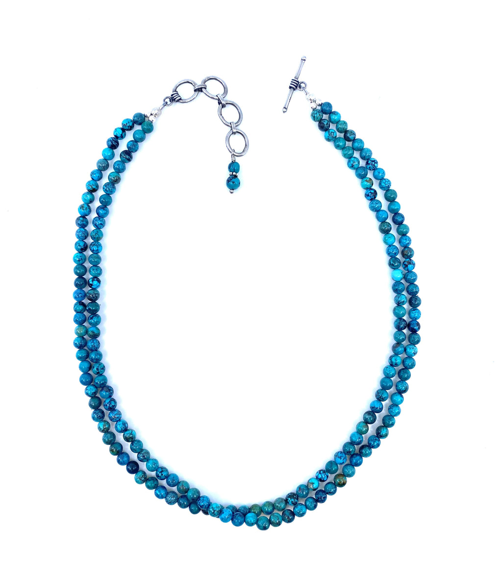 Stunning Turquoise Beaded Sterling Silver Double Strand Necklace
