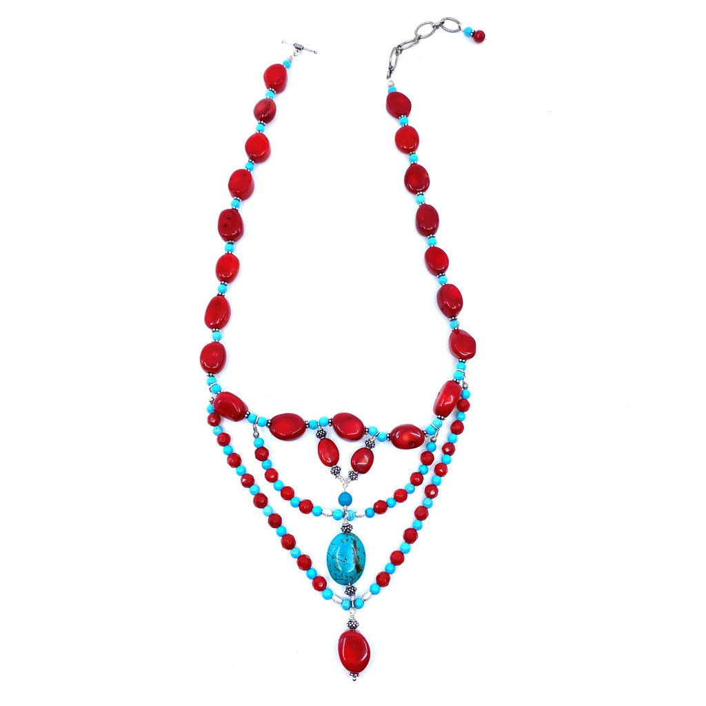 Vibrant Colorful Turquoise and Coral Statement Necklace