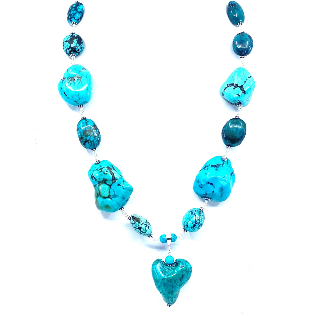 Gorgeous Chunky Turquoise Heart Sterling Silver Statement Necklace