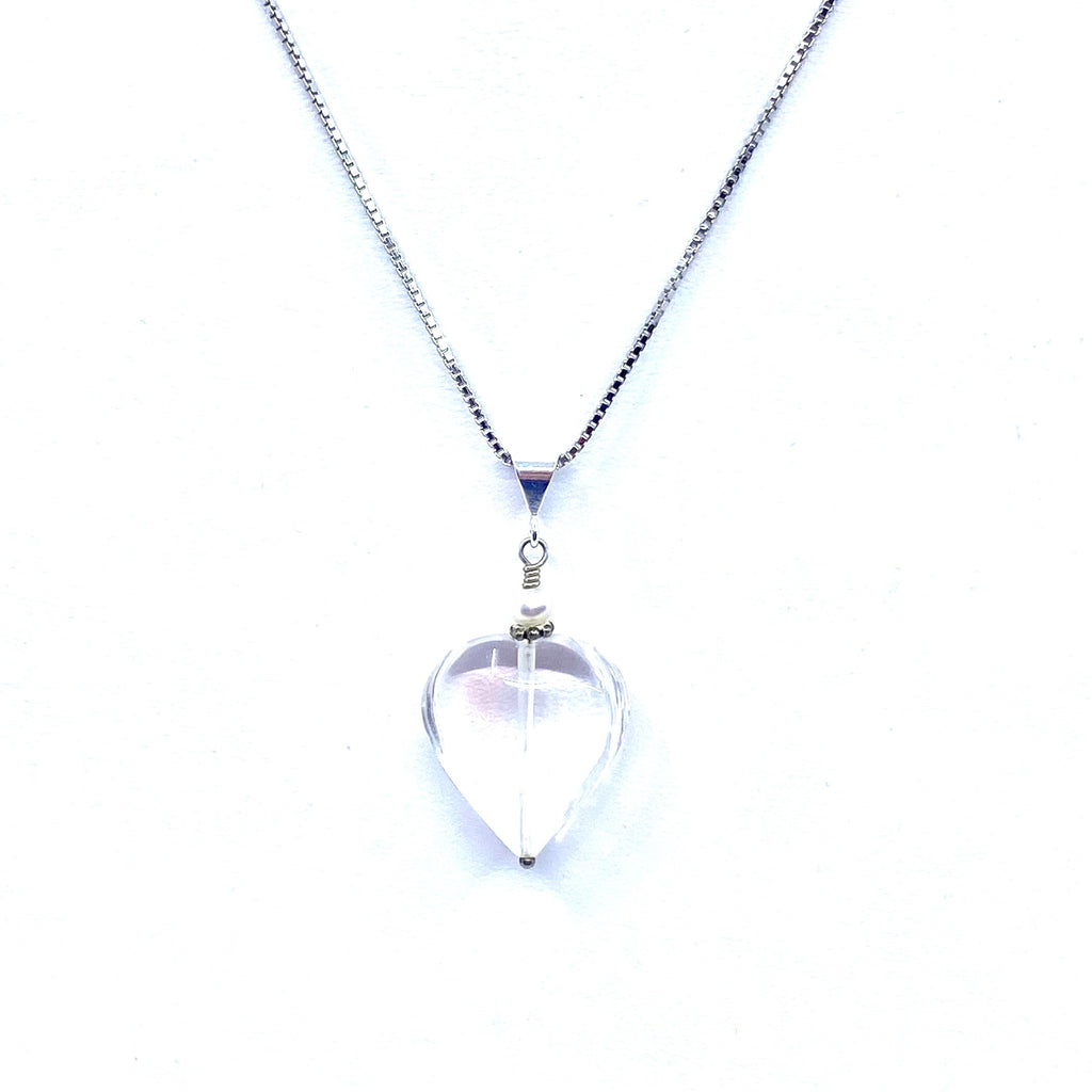 Beautiful Smooth Clear Quartz Heart Pendant on Silver Chain