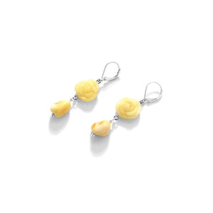 Lovely Carved Flowers of Butterscotch Amber Sterling Silver Designer Earrings