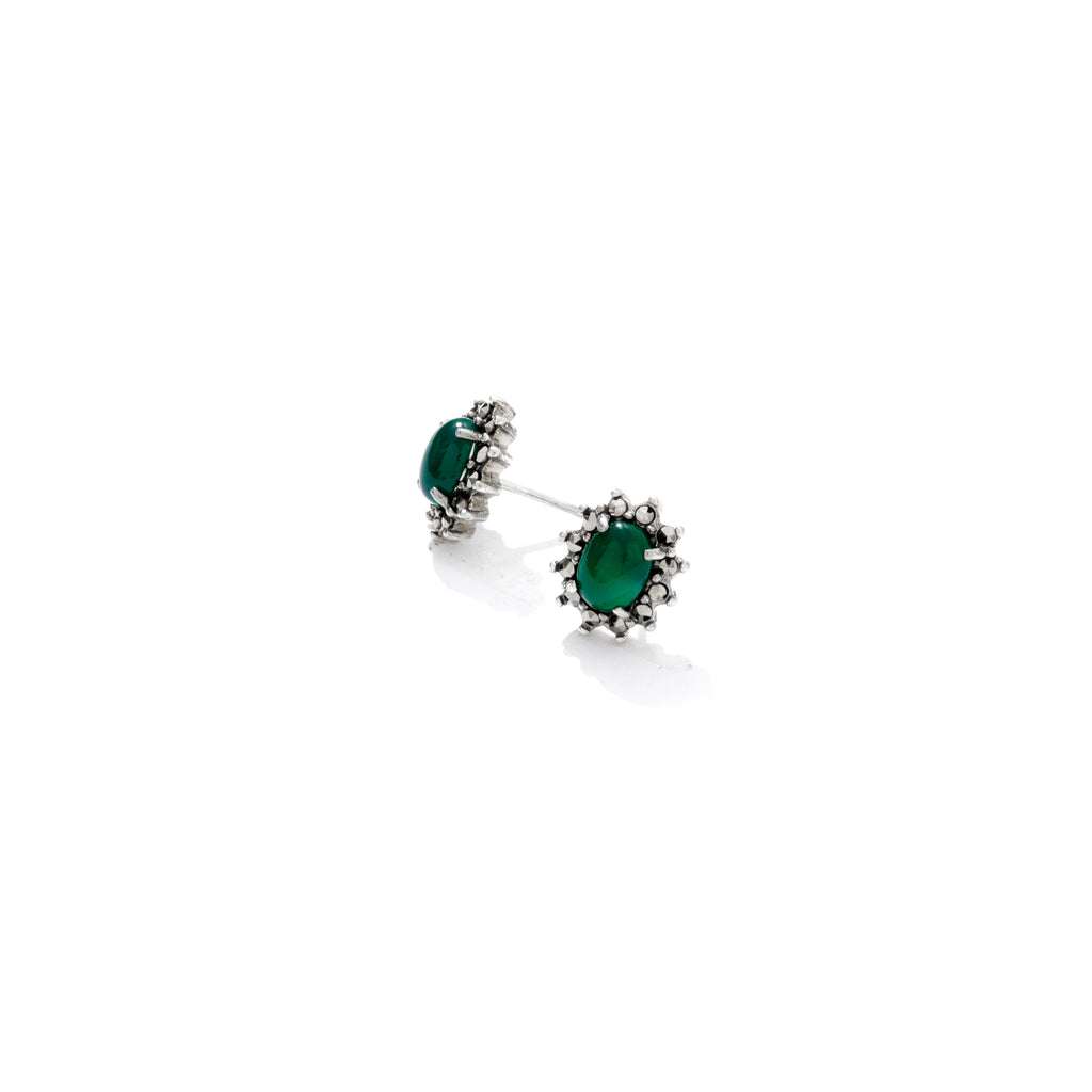 Emerald Green Agate Marcasite Starburst Stud Sterling Silver Earrings