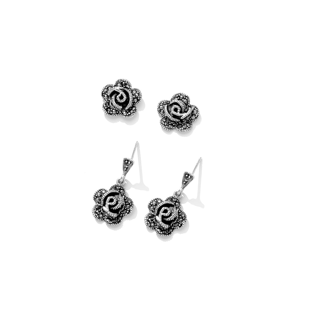 Petite Rose Flower Marcasite Sterling Silver Earrings
