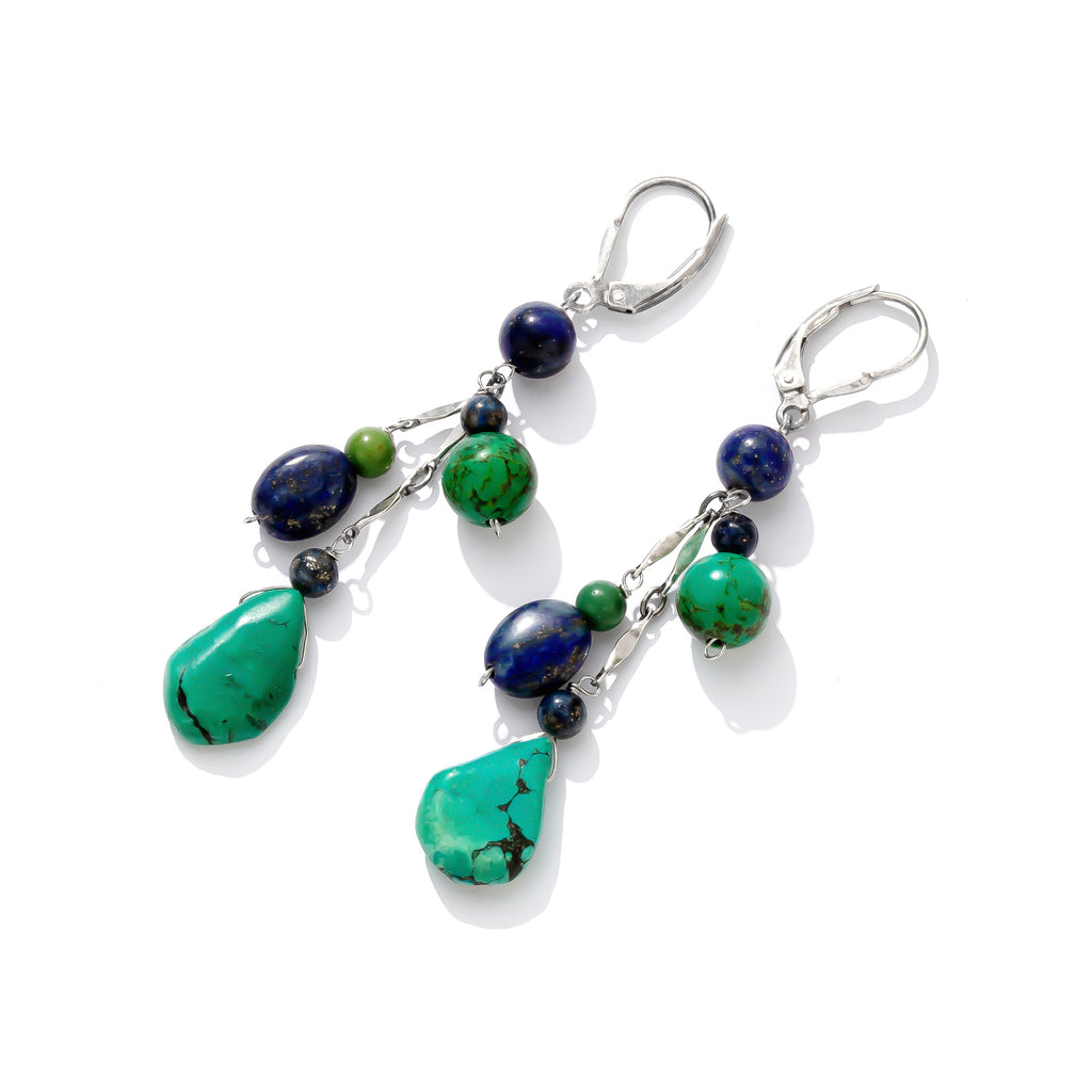 Beautiful Turquoise and Lapis Sterling Silver Dangle Earrings