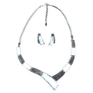 Divine White Mother of Pearl Marcasite Sterling Silver Statement Necklace