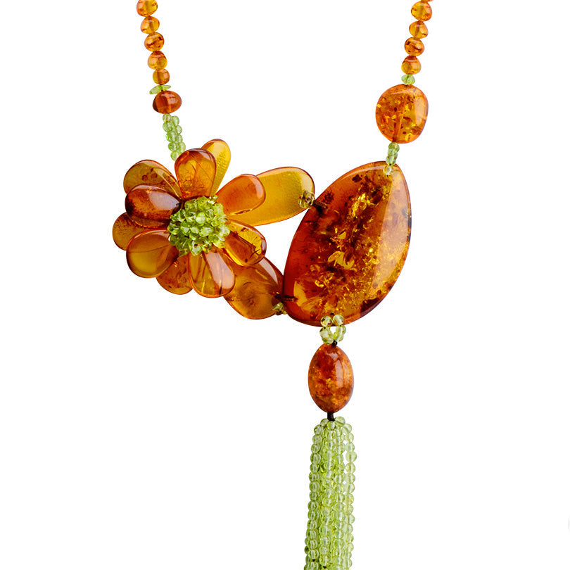Masterpiece! Polish Designer Baltic Cognac Amber and Peridot Statement Flower Necklace