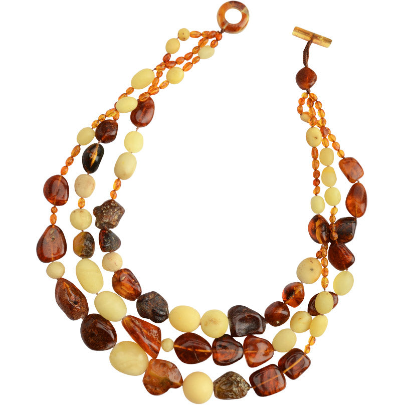 Gorgeous Polish Designer 3 Layers of  Cascades of Mixed Amber Stones Statement Necklace