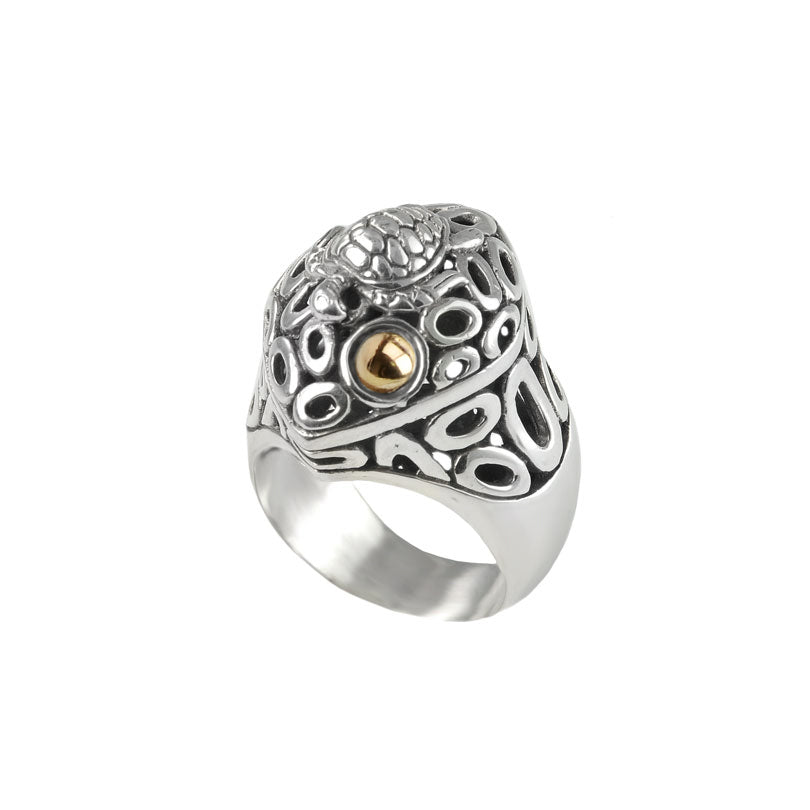 Beautiful Balinese Turtle With Gold Accent Sterling Silver Statement Ring