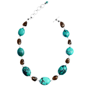 Genuine large Turquoise Stones with Smoky Quartz Sterling Silver Necklace 17" - 19"
