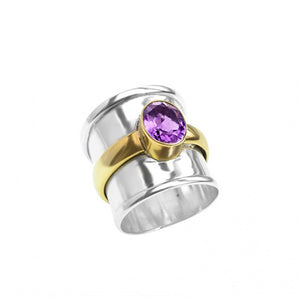 Amethyst Sterling Silver Wide Band Ring with Brilliant Brass Accent