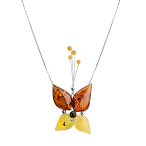 Polish Designer Baltic Amber Butterfly With Sterling Silver Accents Necklace