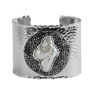 Beyond Elegant Hematite and Crystal Encircled Fresh Water Pearl Silver Plated Statement Cuff