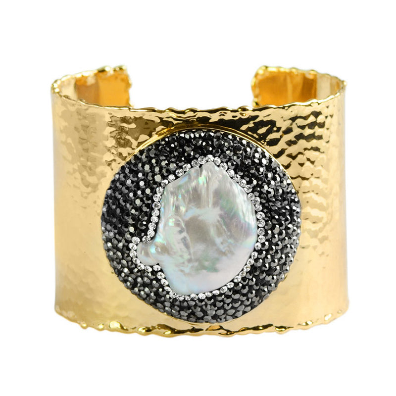 Beyond Elegant Hematite and Crystal Encircled Fresh Water Pearl Gold Plated Statement Cuff