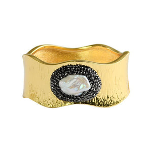 Sparkling Hematite & Crystal Encircled Fresh Water Pearl in Gold or Silver Plated Hinged Statement Bangle