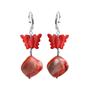 Enchanting Shell and Coral Butterfly Sterling Silver Earrings