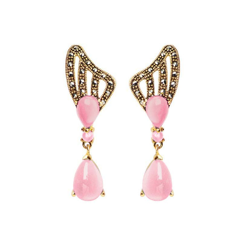 Elegant Pink Mother of Pearl Marcasite Gold Plated Statement Earrings