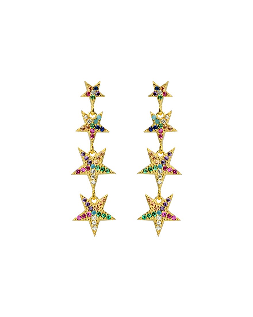 Falling Star Rainbow Pave Crystals Gold Plated Sterling Silver Earrings