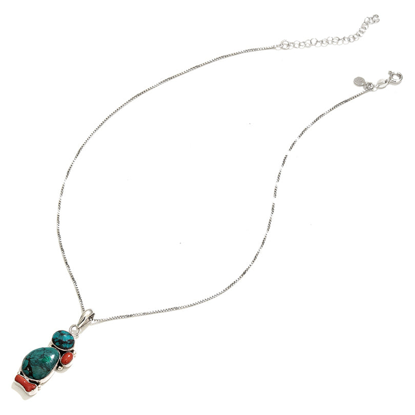 Cute Himalayan Turquoise & Coral Sterling Silver pendant Necklace