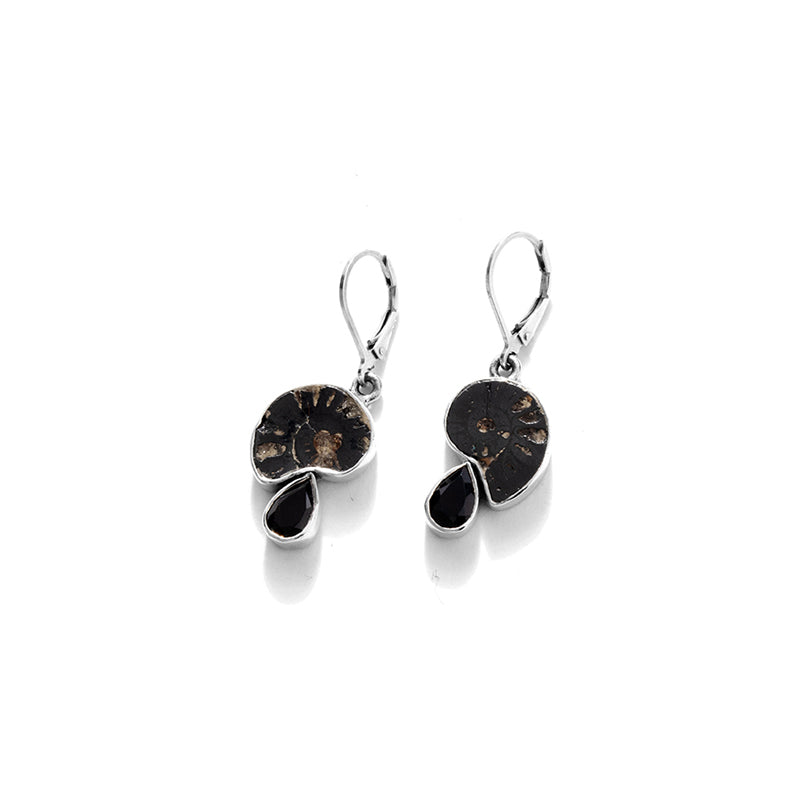 Petite Ammonite and Onyx Sterling Silver Earrings