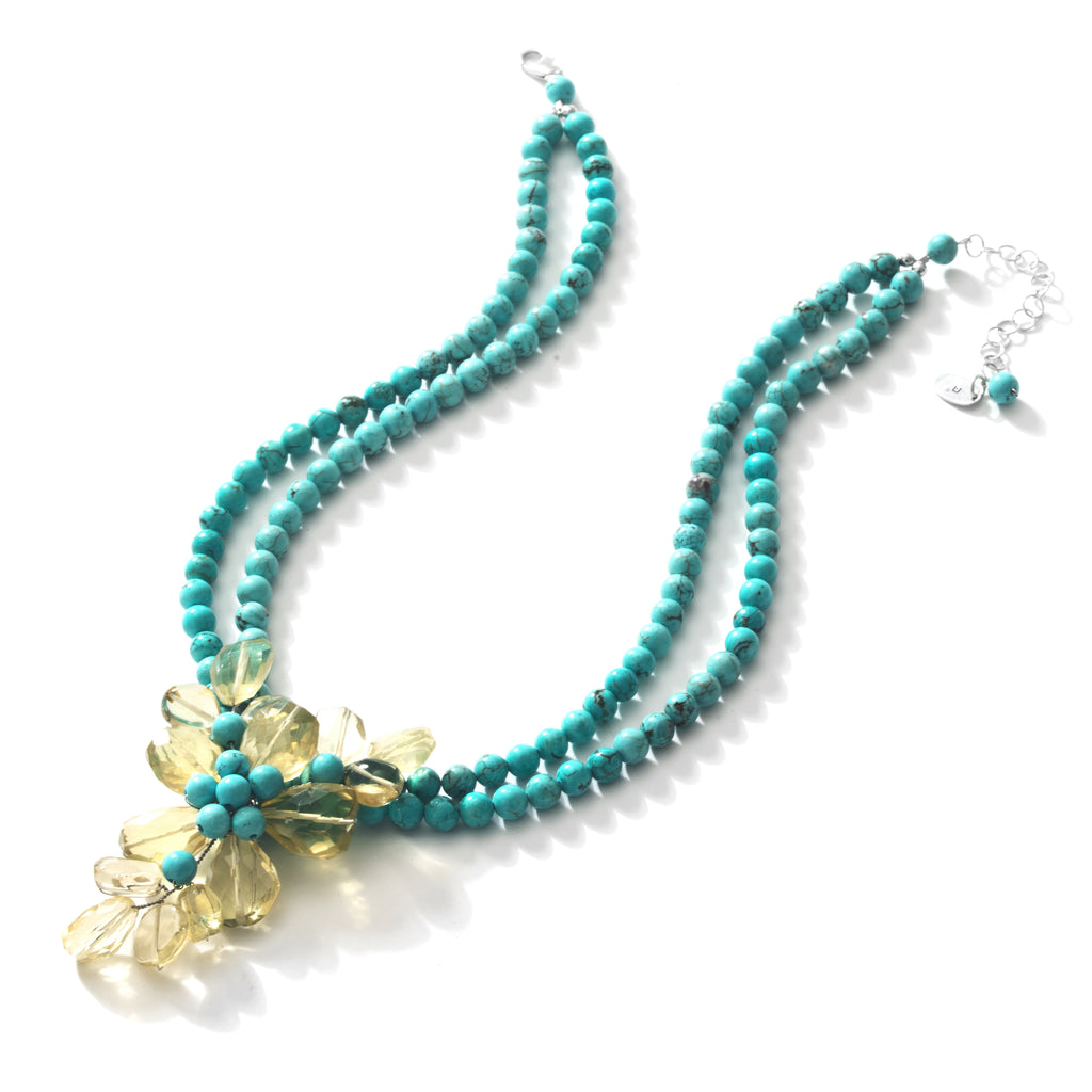Sparkling Faceted Lemon Quartz and Turquoise Sterling Silver Statement Flower Necklace