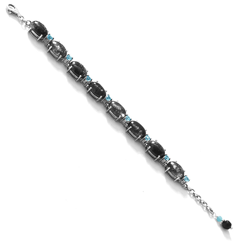 Shimmering Black Rutilated Quartz with Sparkling Blue Topaz Sterling Silver Bracelet