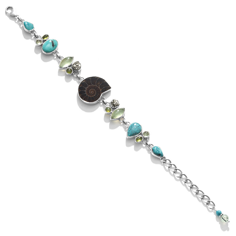 Beauitiful Ammonite & Turquoise & Gems Sterling Silver Statement Bracelet