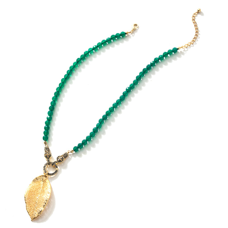 Dazzling Gold Saturated Real Leaf on Green Agate & Gold Plated Marcasite Necklace 17