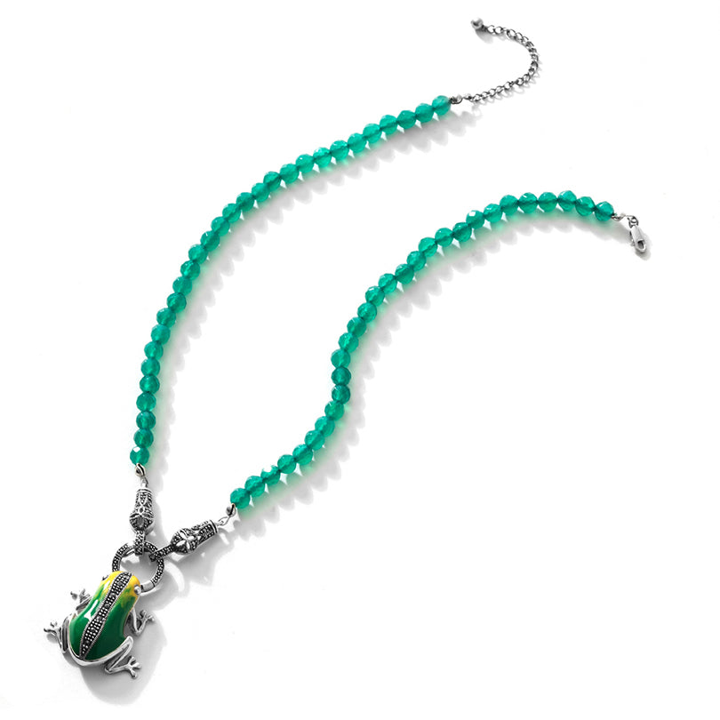 Vibrant Frog on Emerald-Green Agate Beads Sterling Silver Statement Necklace