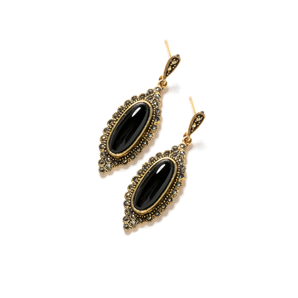 Elegant 14kt Gold Plated Black Onyx Statement Earrings