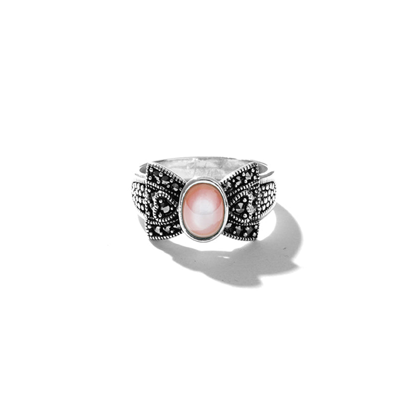 Petite Pink Shell Marcasite Bow Sterling Silver Ring