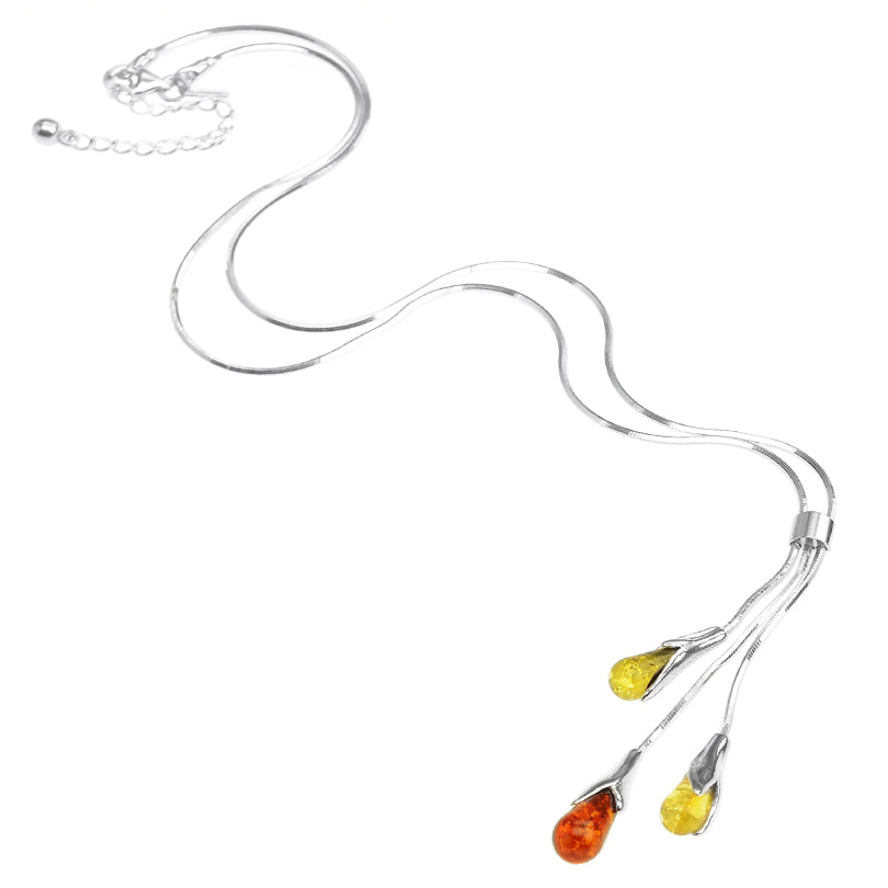 Delicate Mixed Color Amber Tulip Drop Sterling Silver Statement Necklace
