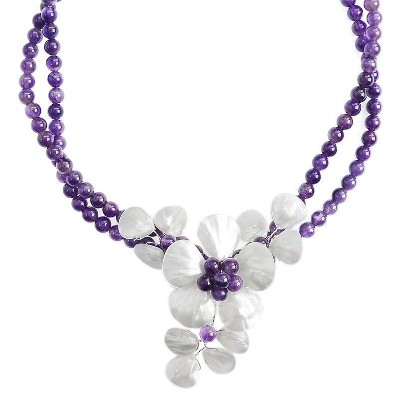 Lovely Amethyst & Mother of Pearl Sterling Silver Flower Necklace