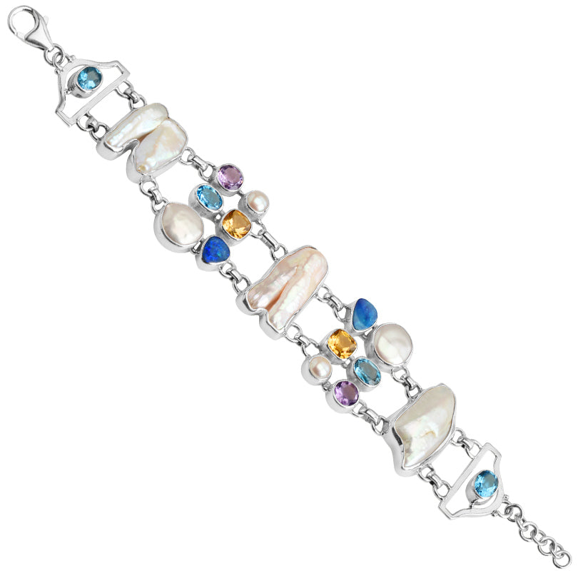 Gorgeous Pearls, Australian Blue Opal and Gemstones Balinese Sterling Silver Statement Balinese Bracelet