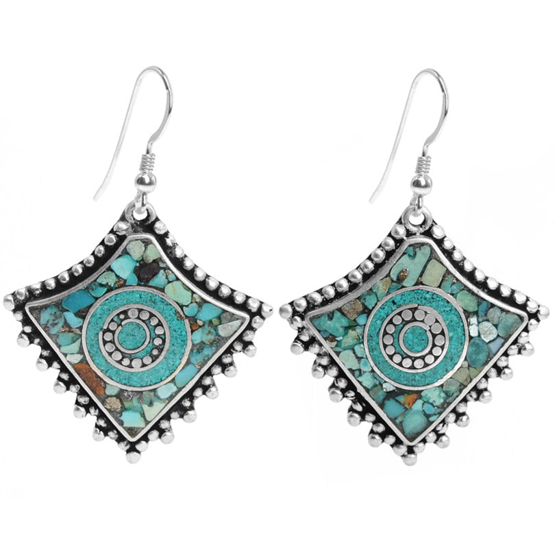 Nepal Earthy Earrings with Inlay Turquoise Silver Plated  with .925 Silver Hooks