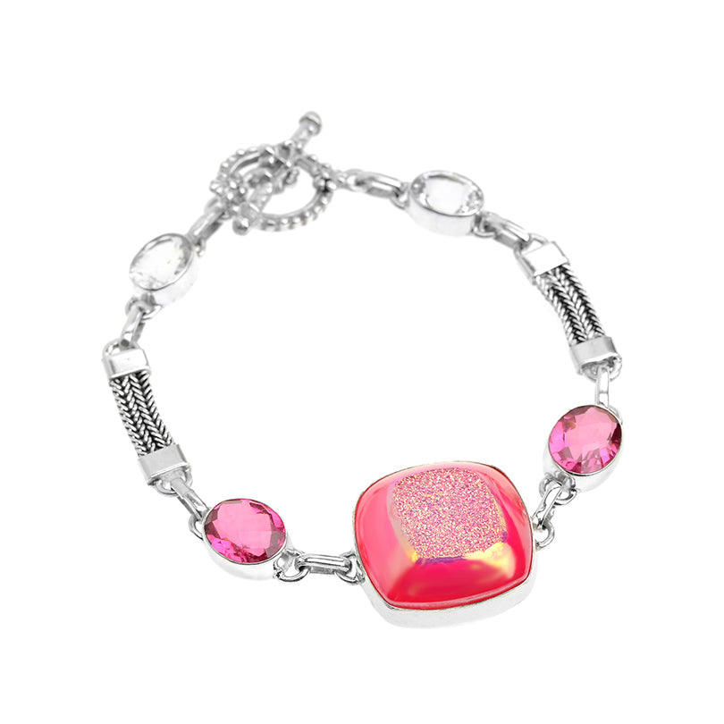Sparkling Pink Titanium Drusy with Balinese Weave Sterling Silver Bracelet