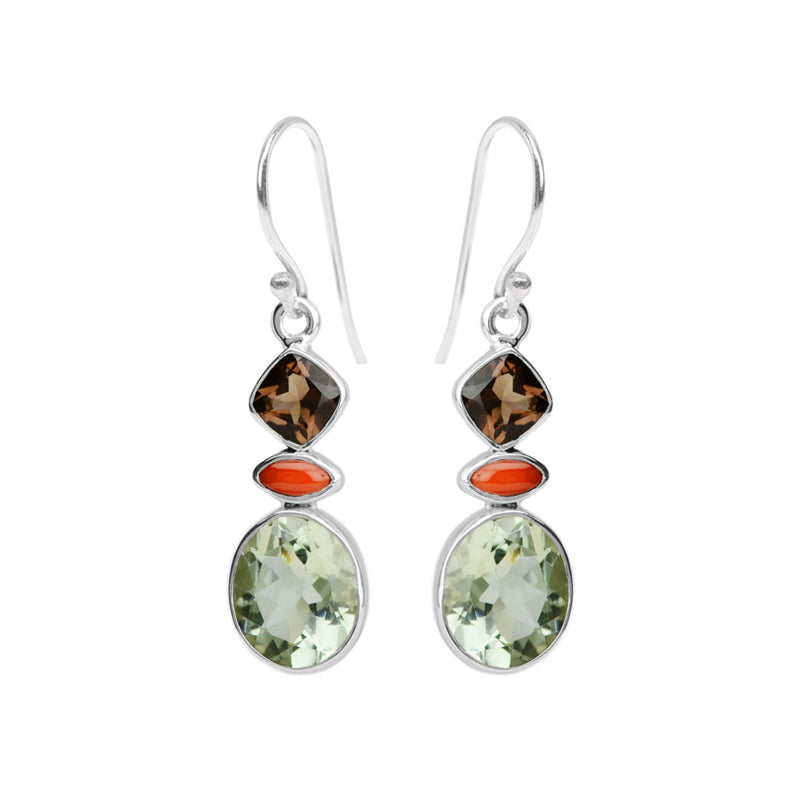 Smoky Quartz, Coral And Green Amethyst Sterling Silver Earrings