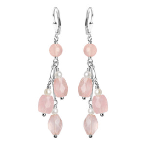 Heavenly Lace Pink Rose Quartz and Shimmering Fresh Water Pearl Sterling Silver Earrings