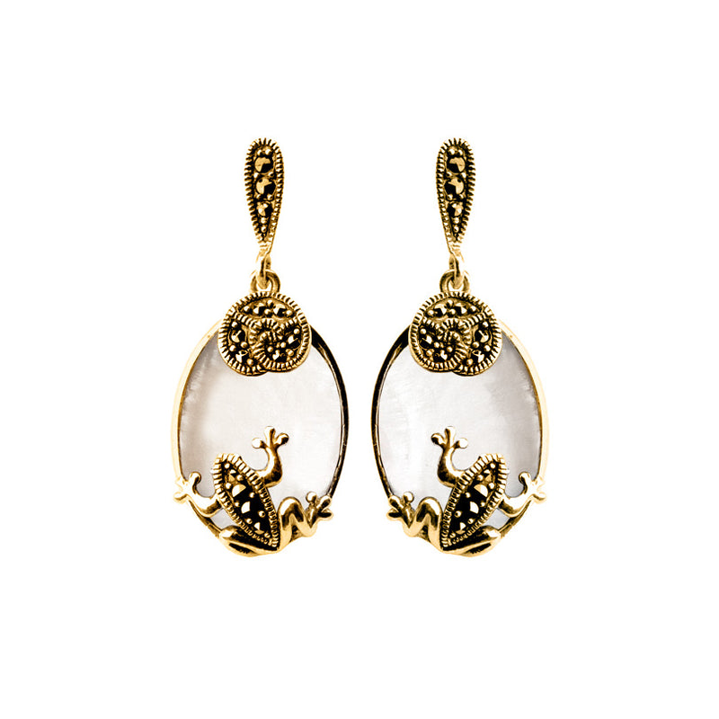 Adorable Frog Mother of Pearl With Gold plated Marcasite Earrings