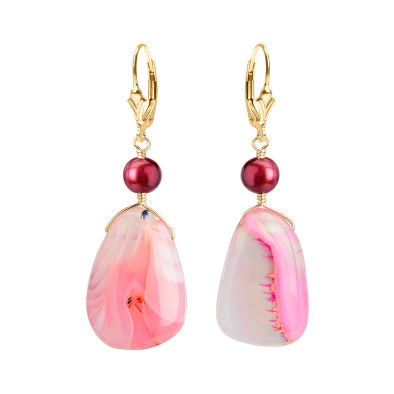 Rose Agate and Fresh Water Pearl Gold Filled Earrings