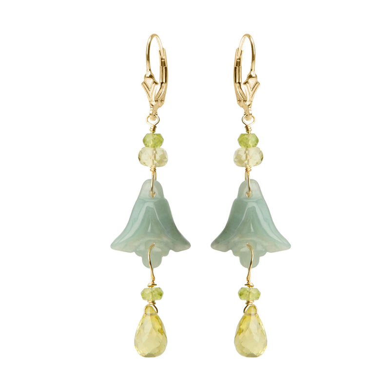 Beautiful Carved Jade and Lemon Quartz Flower Gold Filled Statement Earrings