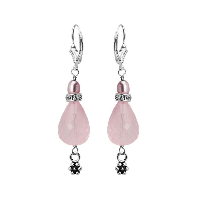 So Adorable Rose Quartz with Pearl Accent Sterling Silver Earrings