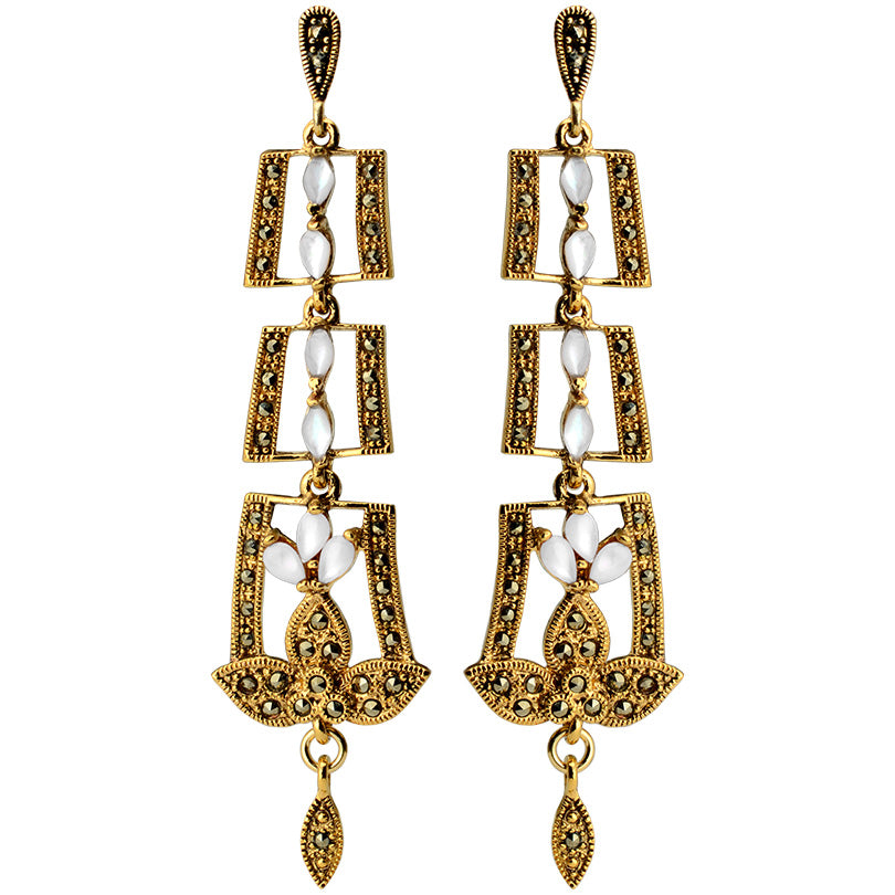 Gorgeous, Shimmering Art Deco Mother of Pearl and Gold Plated Marcasite Earrings
