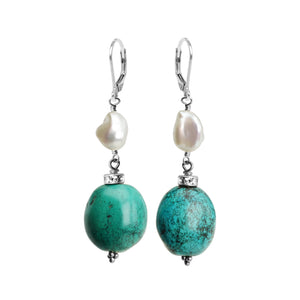 Elegant Genuine Turquoise and Shimmering Fresh Water Pearl Sterling Silver Earrings