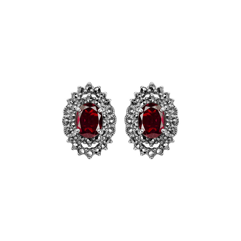 Gorgeous Sparkling Red Thai Garnet Marcasite Sterling Silver Statement Earrings