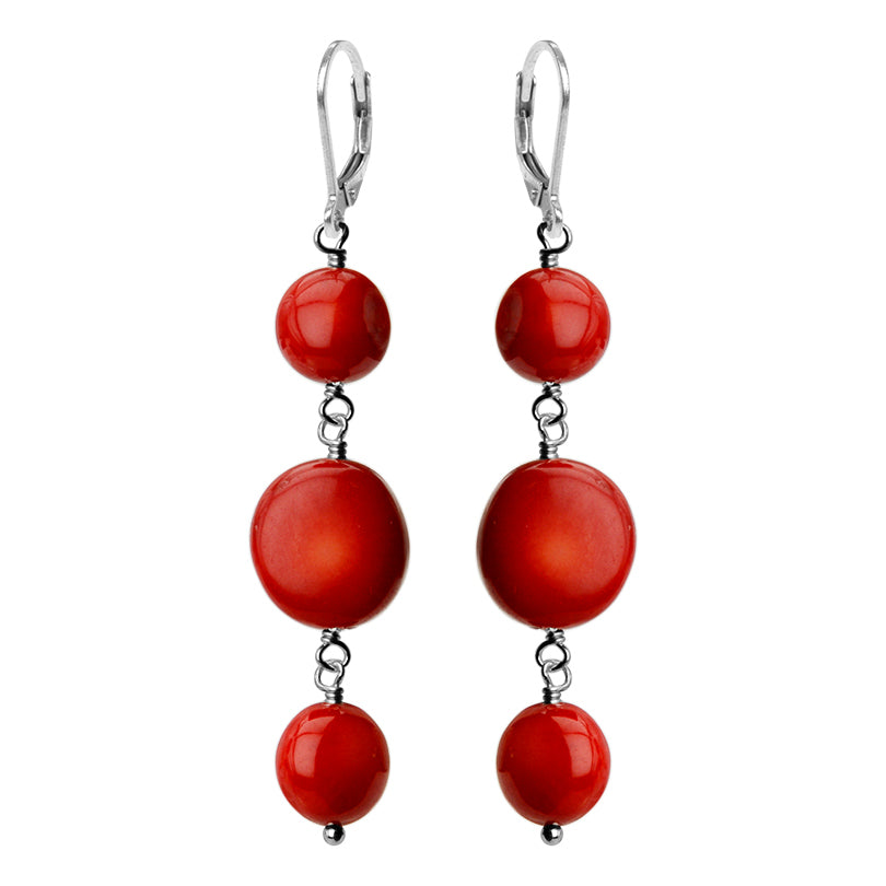 Vibrant Red Coral 3-Tier Dangle Sterling Silver Earrings