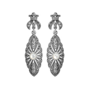 Elegant White Mother of Pearl and Marcasite Sterling Silver Earrings