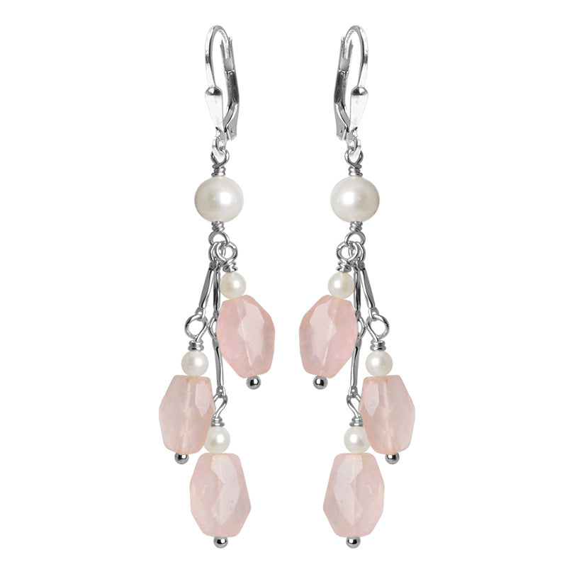 Romantic Petal Pink Rose Quartz And Lustrous Fresh Water Pearl Sterling Silver Earrings