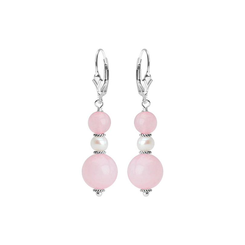 Graceful Rose Quartz and Fresh Water Pearl Sterling Silver Earrings