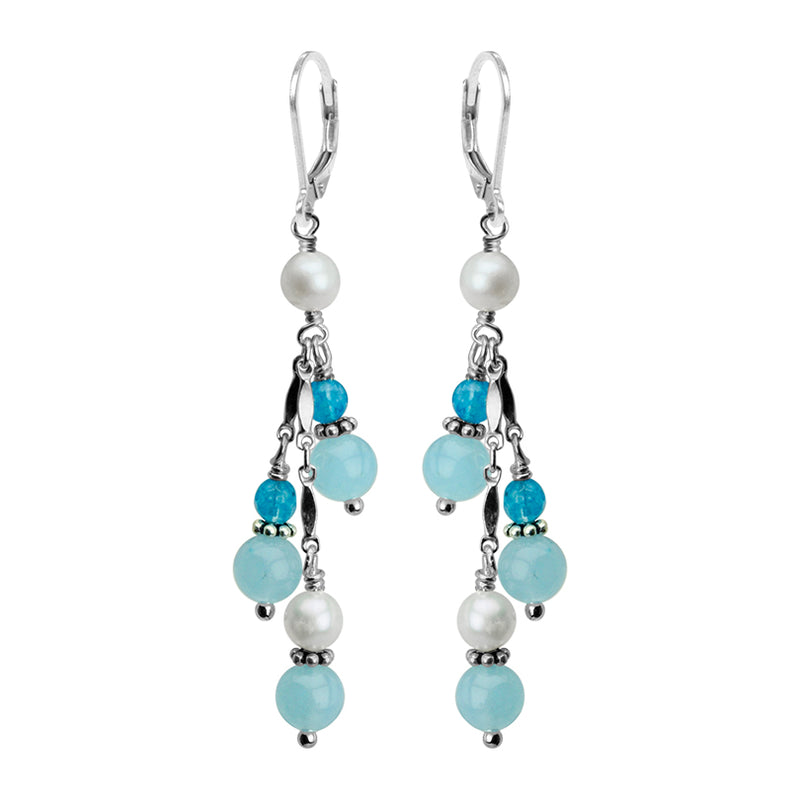 Lovely Blue Jade and Fresh Water Pearl Sterling Silver Earrings