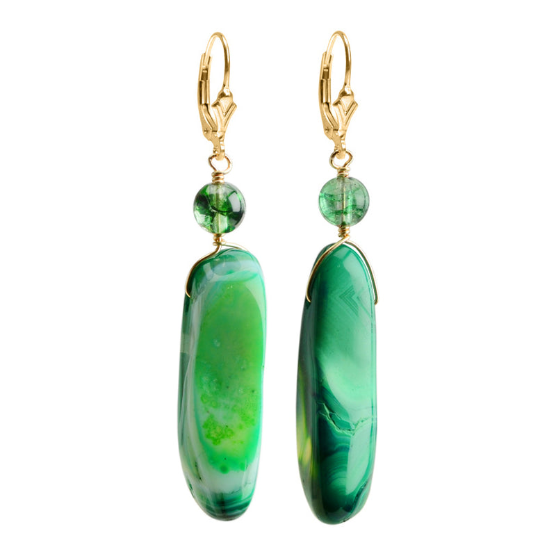 Gorgeous Long Green Agate Gold Filled Statement Earrings
